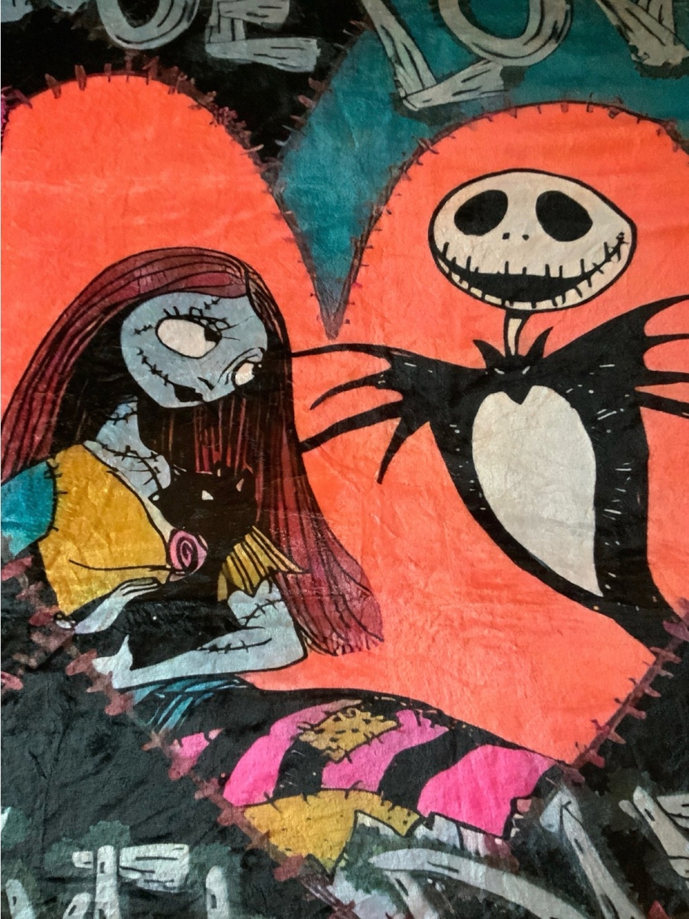 Nightmare Patchwork Heart Throw Blanket in Coral, Black & Teal